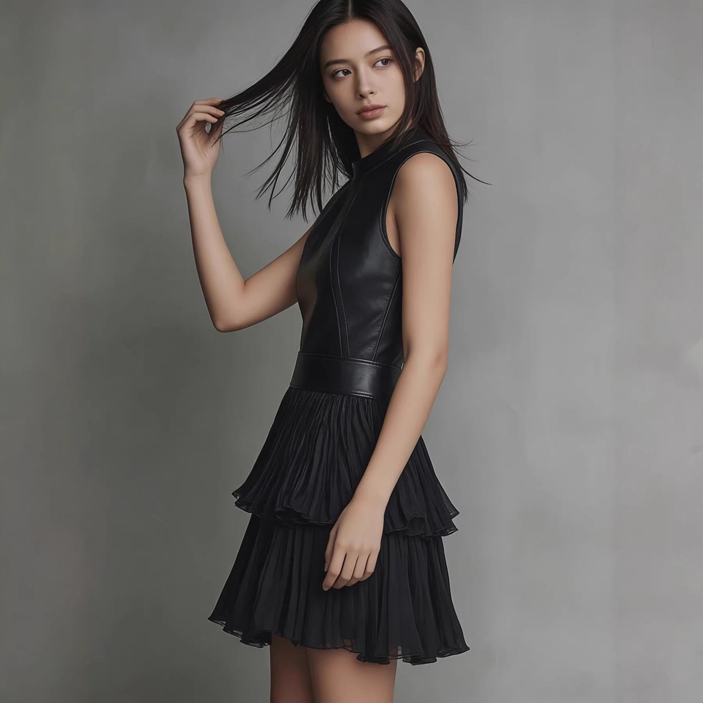 Black PU Leather Spliced Mini Dress – Sleeveless Double-Layer Ruffle Hem