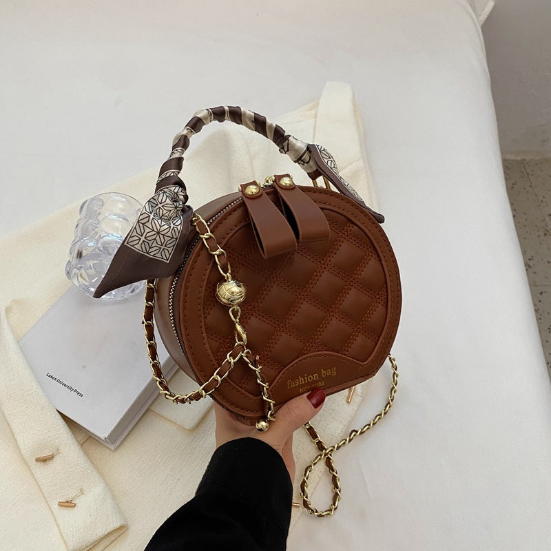 Small Round Embroidered Crossbody Bag for Women – Diamond Pattern PU Leather