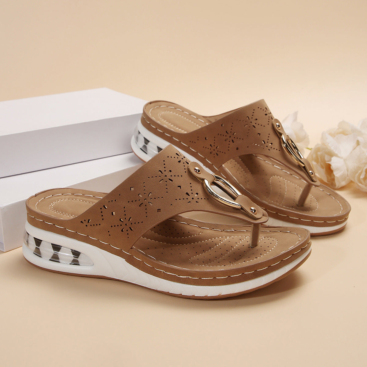 Women's Air Cushion Wedge Thong Sandals | Metal Buckle Flip Flops | Thick Sole Beach Shoes