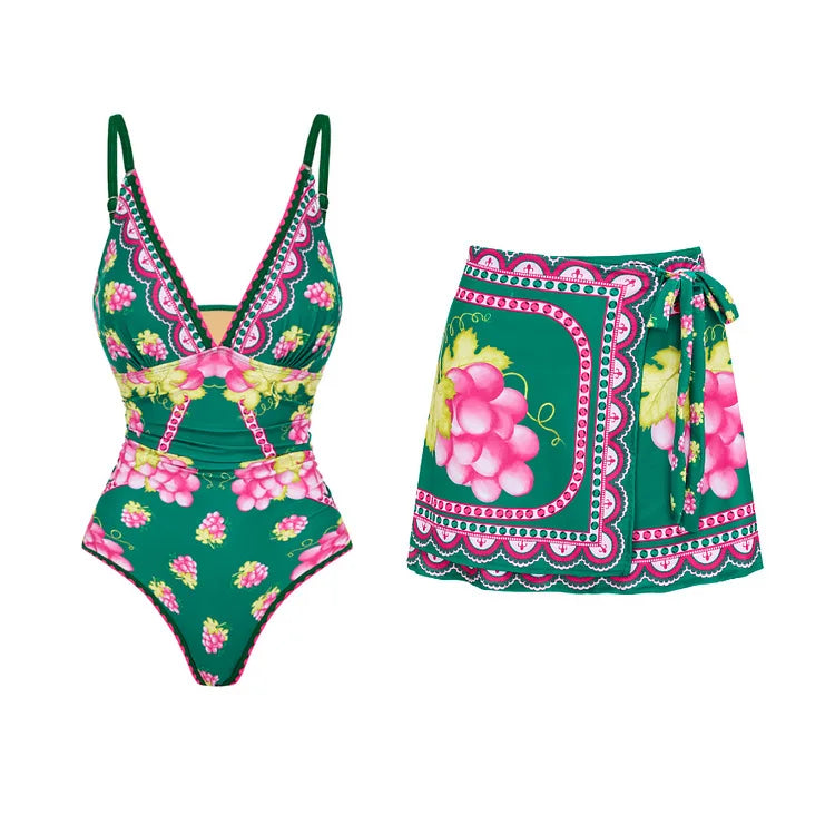 Swimwear 2PC Cover-up Swimsuit Ruffle Printed Deep V One-piece Kimono Bikini Suit
