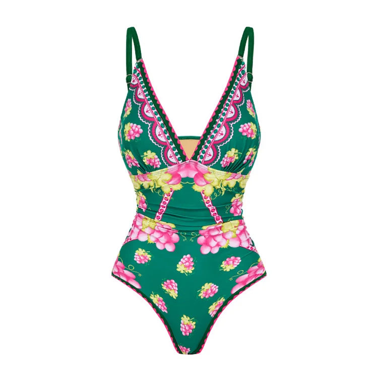 Swimwear 2PC Cover-up Swimsuit Ruffle Printed Deep V One-piece Kimono Bikini Suit