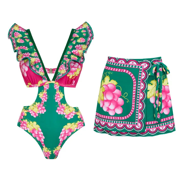 Swimwear 2PC Cover-up Swimsuit Ruffle Printed Deep V One-piece Kimono Bikini Suit