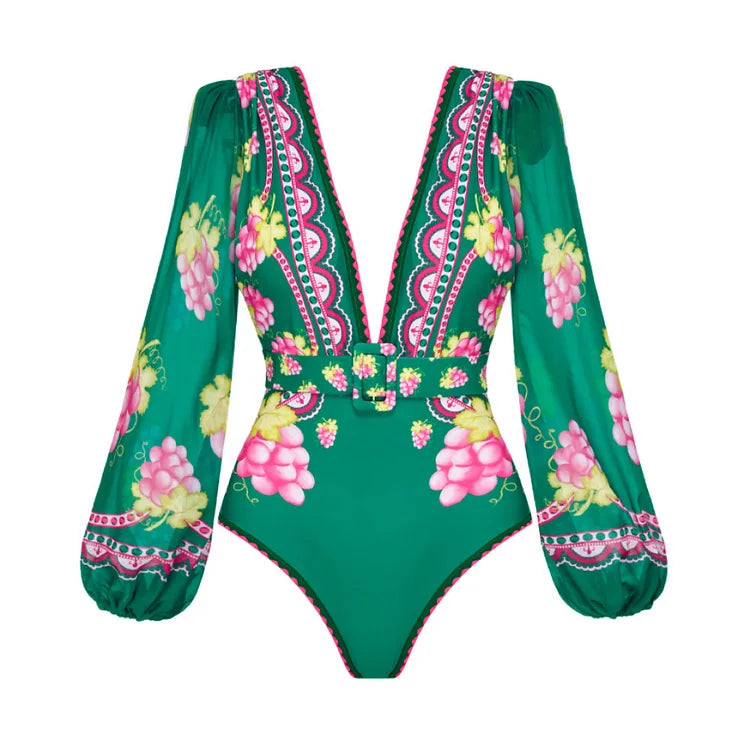 Swimwear 2PC Cover-up Swimsuit Ruffle Printed Deep V One-piece Kimono Bikini Suit