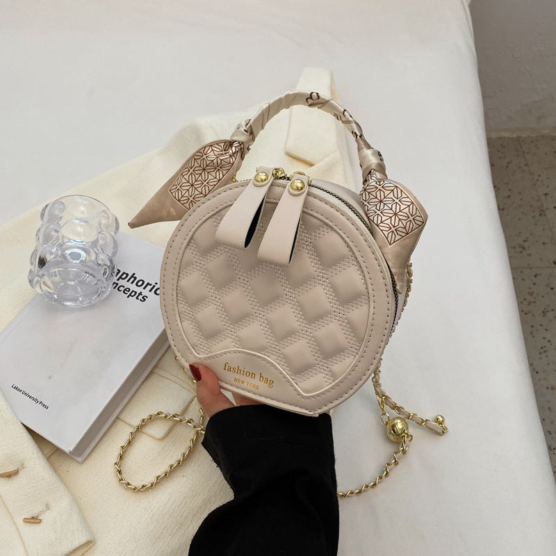 Small Round Embroidered Crossbody Bag for Women – Diamond Pattern PU Leather