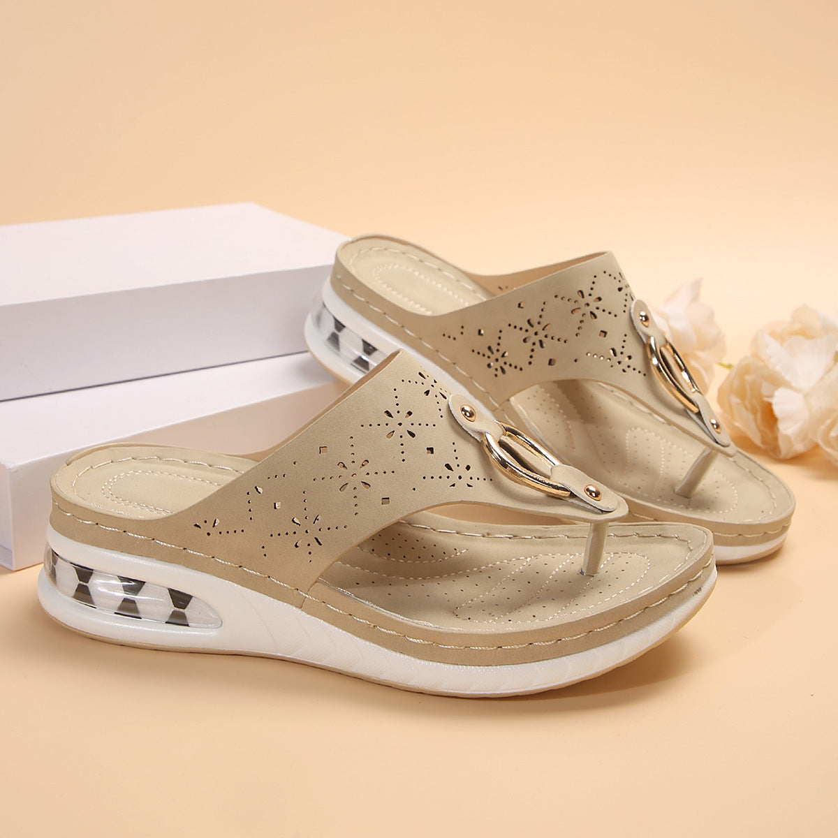 Women's Air Cushion Wedge Thong Sandals | Metal Buckle Flip Flops | Thick Sole Beach Shoes