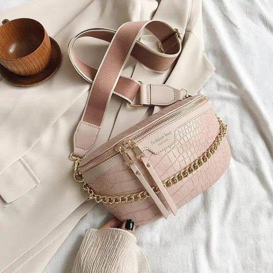 Retro Waist Bag PU Leather Fanny Pack Purse Leather with Gold Chain Strap Stylish Waist Pack Women Belt Bag Multifunctional Chest Bag